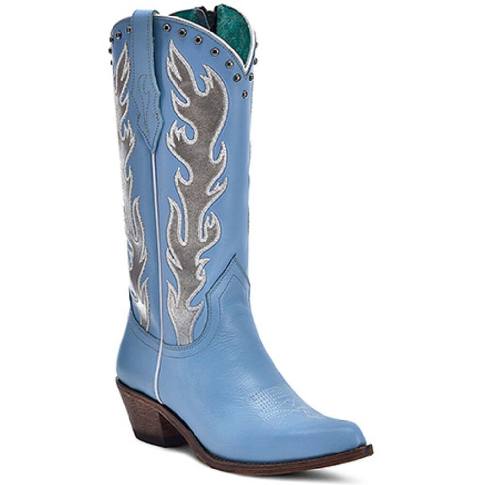 Corral Baby Blue Flame Studded Embroidered Western Boots Snip Toe 8.5M NWT